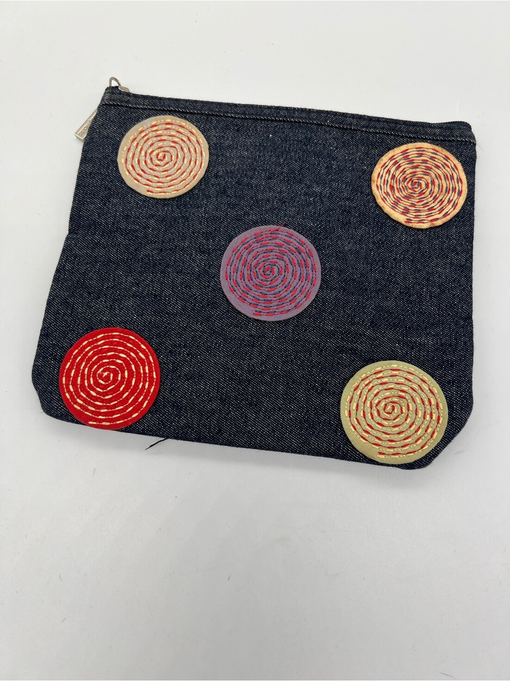 Bath & Body Works Navy Denim Zip Pouch with Colorful Spiral Appliqués